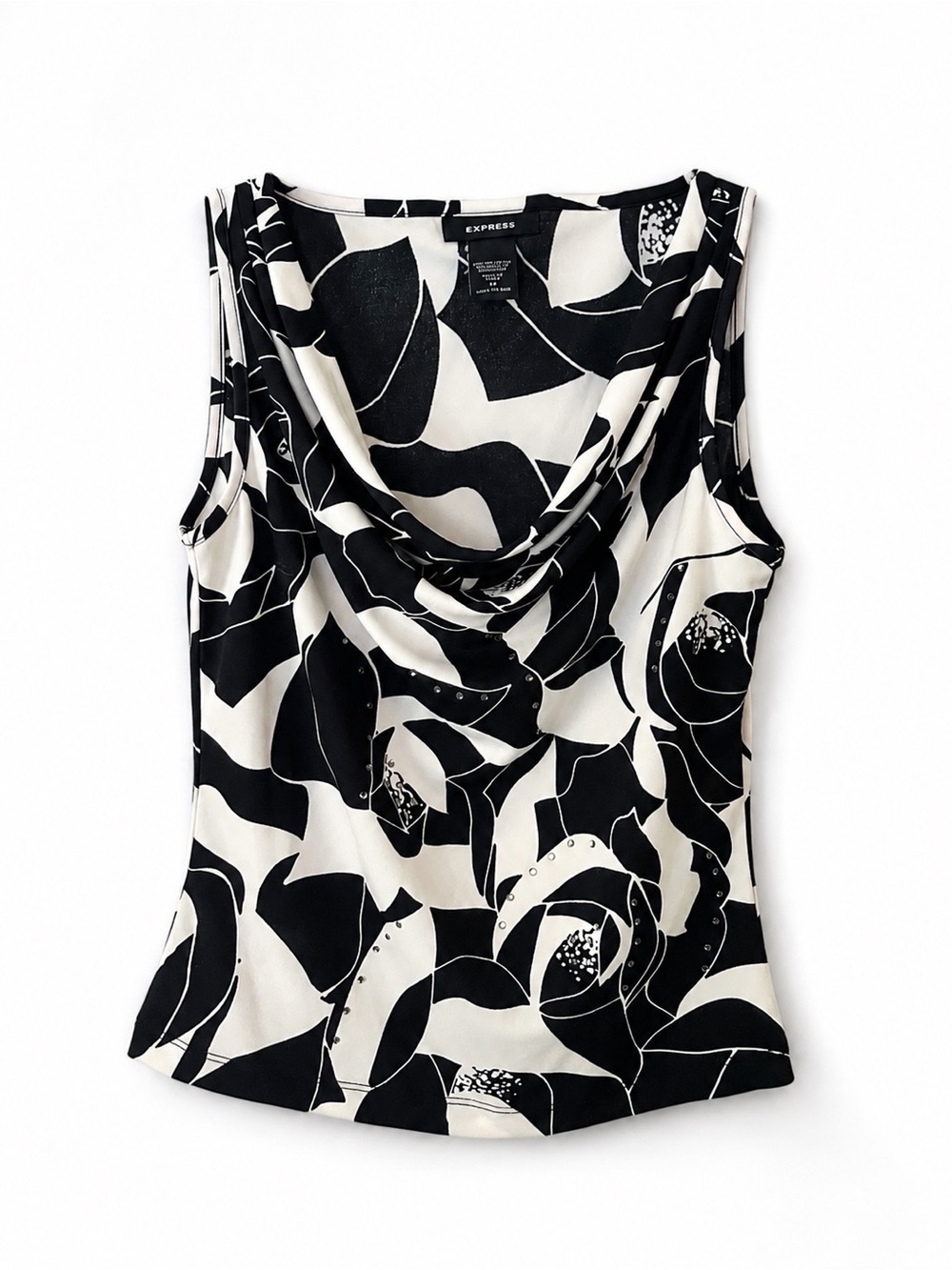 Express Black & White Floral Rhinestone Cowl Neck Sleeveless Top